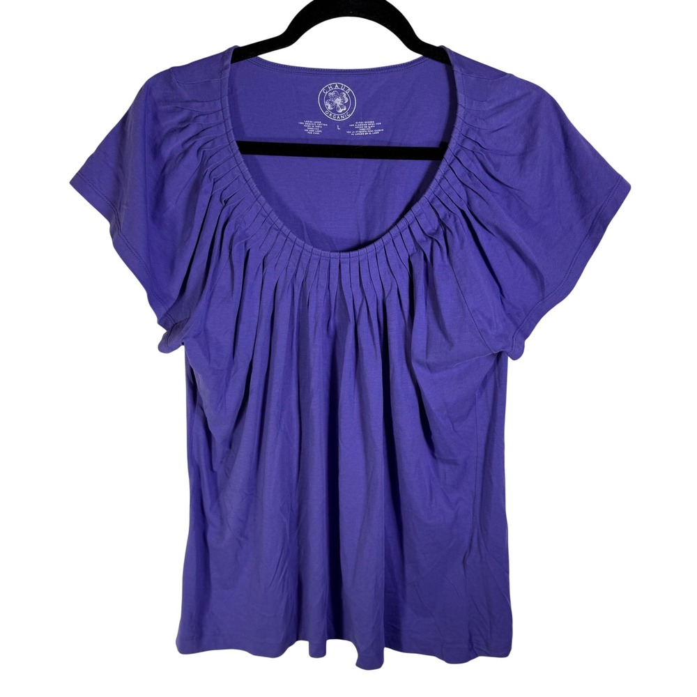 Chaus Organic Women Purple Neon Iris Pleated Scoop Neck Cotton Top Large